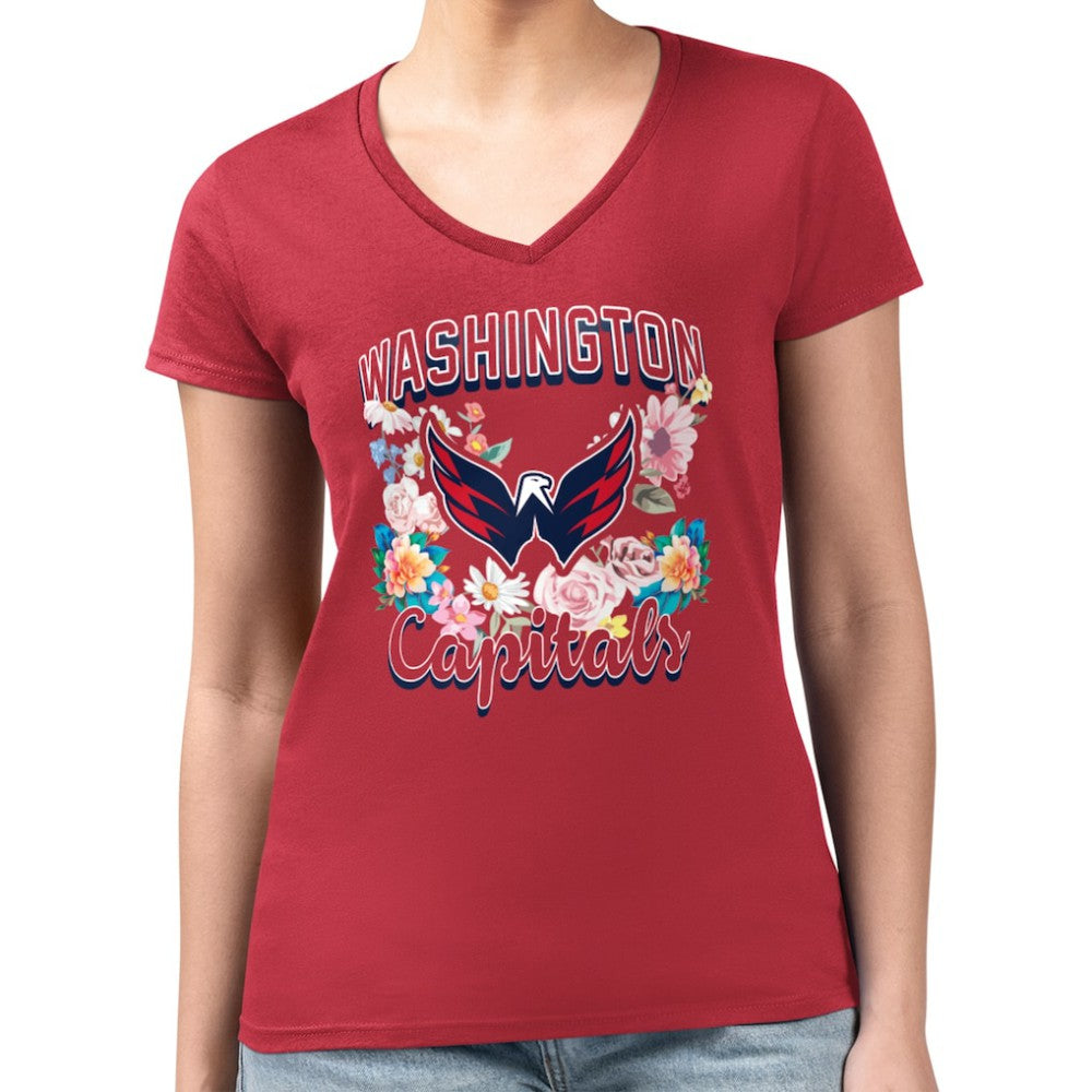 Washington Capitals G-III 4Her by Carl Banks Women's Super-Slim Fit Lightweight Flower Logo V-Neck T-Shirt - Red T-shirts