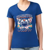 Edmonton Oilers G-III 4Her by Carl Banks Women's Super-Slim Fit Lightweight Flower Logo V-Neck T-Shirt - Royal T-shirts