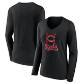 Cincinnati Reds Women's Fastball Long Sleeve V-Neck T-Shirt Black