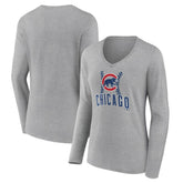 Chicago Cubs Women's Fastball Long Sleeve V-Neck T-Shirt Gray