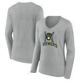 Milwaukee Brewers Women's Fastball Long Sleeve V-Neck T-Shirt Gray