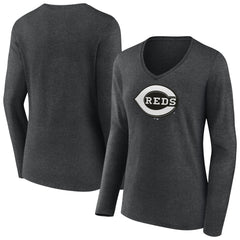 Cincinnati Reds Women's Monochrome Long Sleeve V-Neck T-Shirt Charcoal