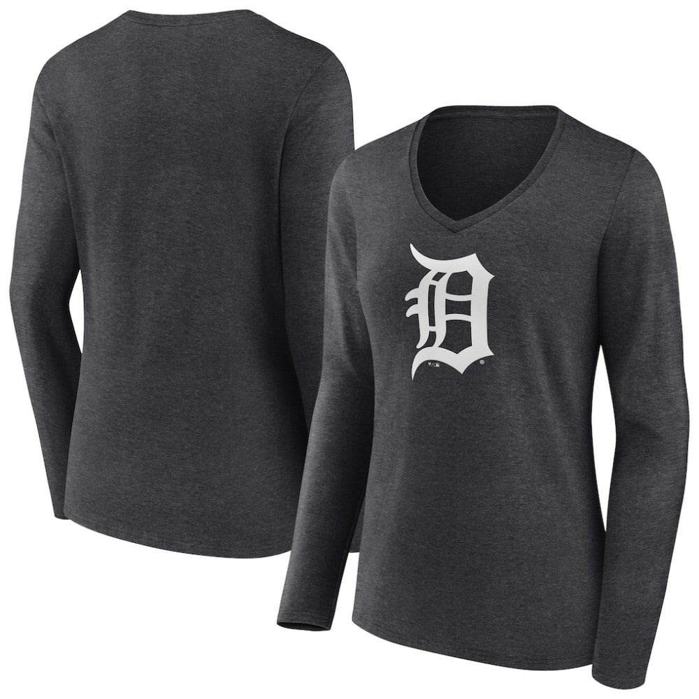 Detroit Tigers Women's Monochrome Long Sleeve V-Neck T-Shirt Charcoal