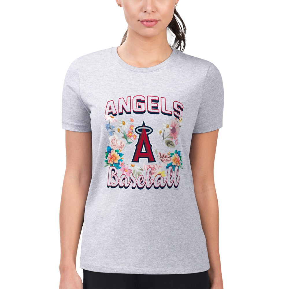 Los Angeles Angels G-III 4Her by Carl Banks Women's Super-Slim Fit Lightweight Flowers Graphic T-Shirt Heather Gray