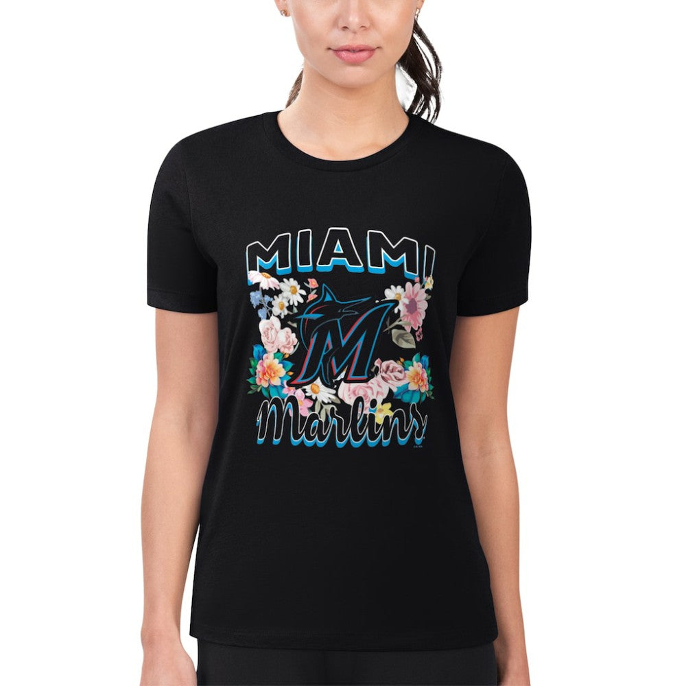 Miami Marlins G-III 4Her by Carl Banks Women's Super-Slim Fit Lightweight Flowers Graphic T-Shirt Black