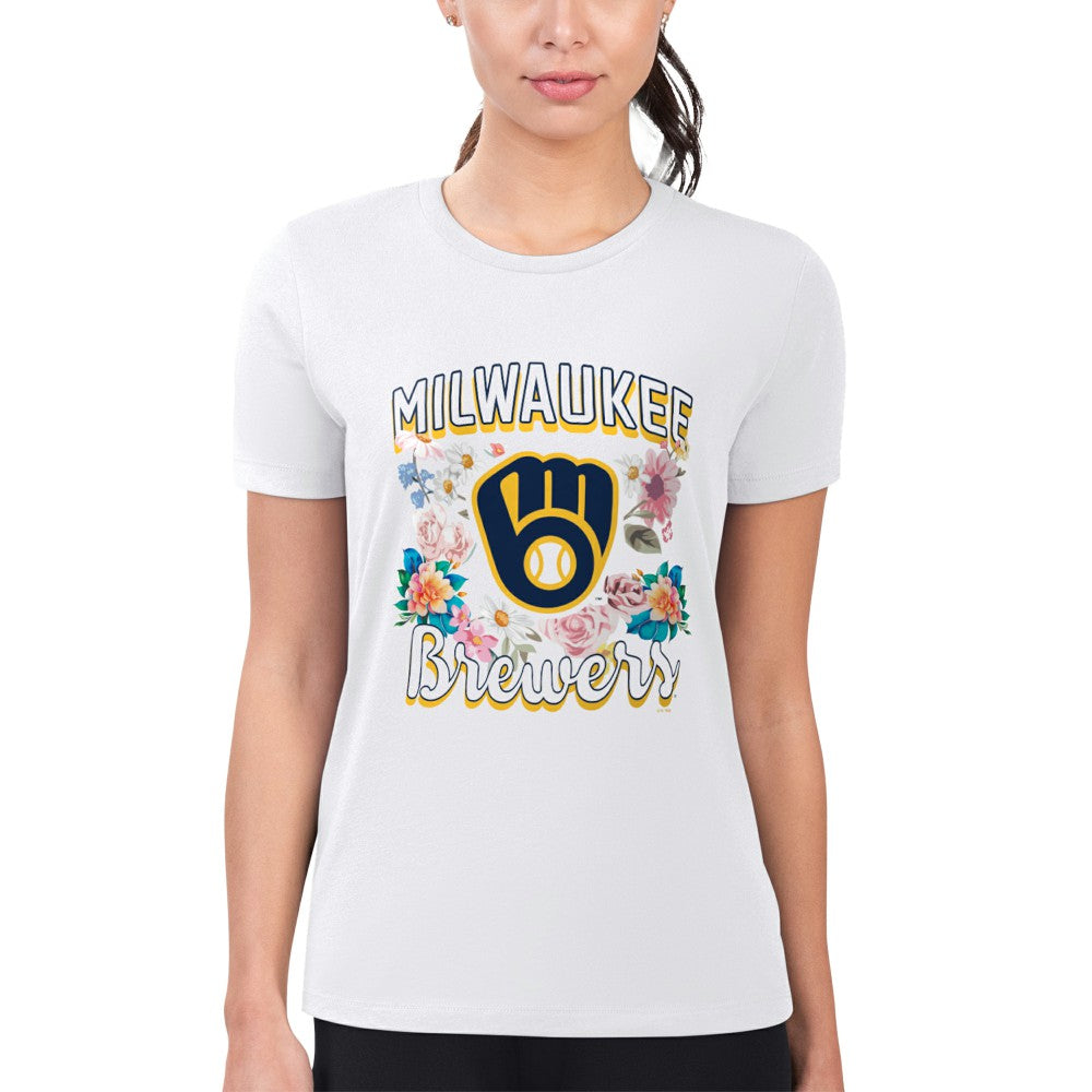 Milwaukee Brewers G-III 4Her by Carl Banks Women's Super-Slim Fit Lightweight Flowers Graphic T-Shirt White
