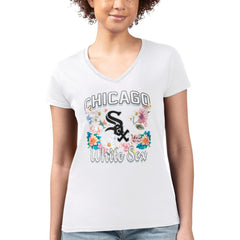 Chicago White Sox G-III 4Her by Carl Banks Women's Super-Slim Fit Lightweight Flowers Graphic V-Neck T-Shirt White