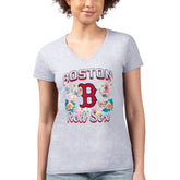 Boston Red Sox G-III 4Her by Carl Banks Women's Super-Slim Fit Lightweight Flowers Graphic V-Neck T-Shirt Heather Gray