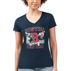 Boston Red Sox G-III 4Her by Carl Banks Women's Super-Slim Fit Lightweight Flowers Graphic V-Neck T-Shirt Navy
