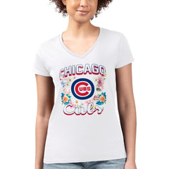 Chicago Cubs G-III 4Her by Carl Banks Women's Super-Slim Fit Lightweight Flowers Graphic V-Neck T-Shirt White