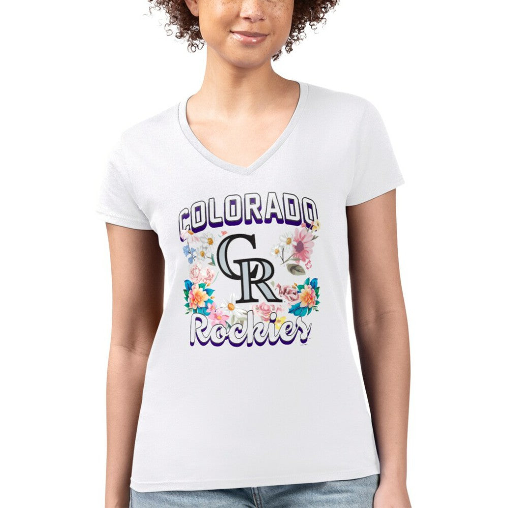 Colorado Rockies G-III 4Her by Carl Banks Women's Super-Slim Fit Lightweight Flowers Graphic V-Neck T-Shirt White
