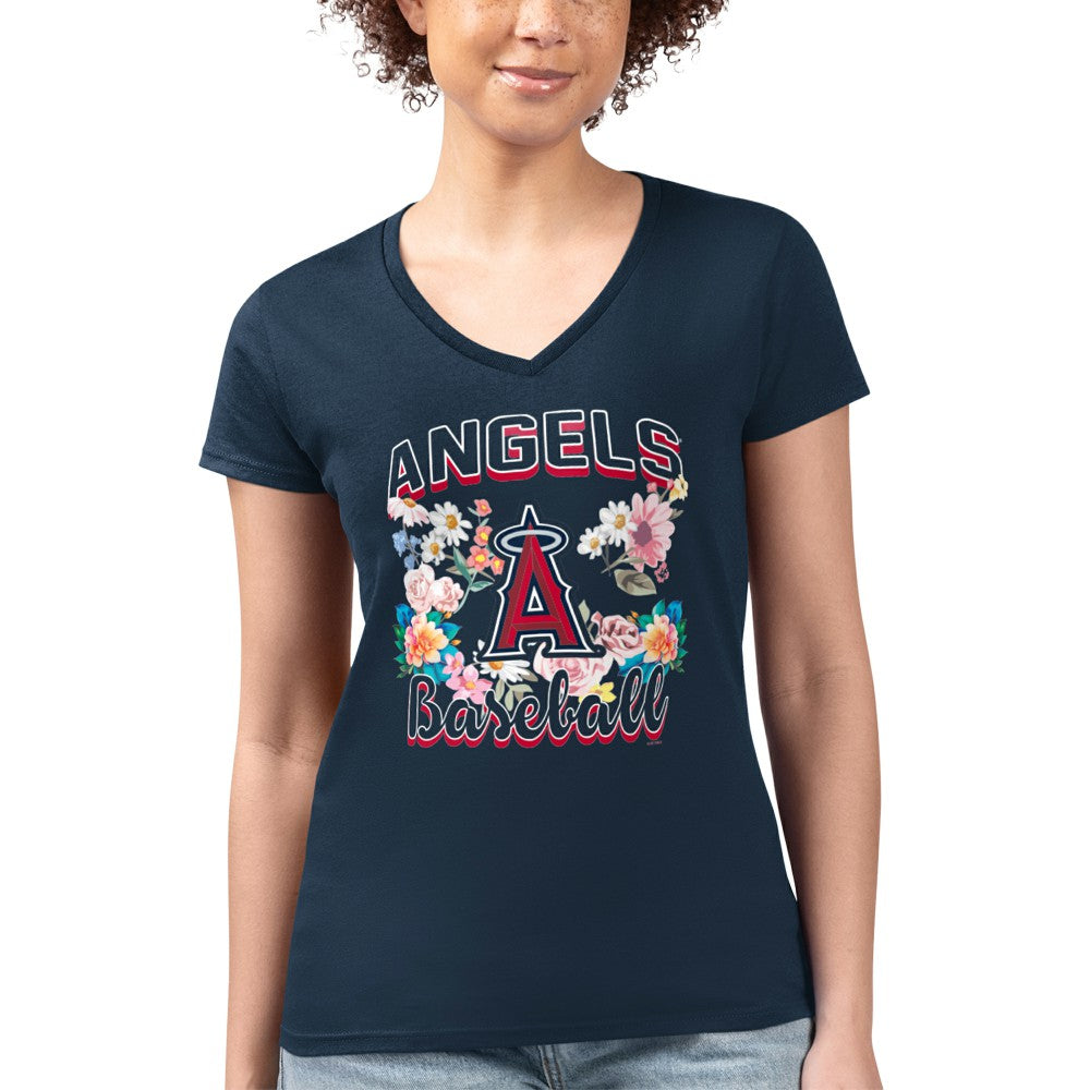 Los Angeles Angels G-III 4Her by Carl Banks Women's Super-Slim Fit Lightweight Flowers Graphic V-Neck T-Shirt Navy