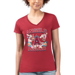 Los Angeles Angels G-III 4Her by Carl Banks Women's Super-Slim Fit Lightweight Flowers Graphic V-Neck T-Shirt Red