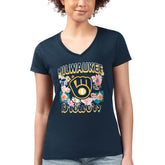 Milwaukee Brewers G-III 4Her by Carl Banks Women's Super-Slim Fit Lightweight Flowers Graphic V-Neck T-Shirt Navy