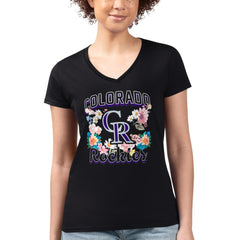 Colorado Rockies G-III 4Her by Carl Banks Women's Super-Slim Fit Lightweight Flowers Graphic V-Neck T-Shirt Black