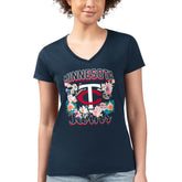 Minnesota Twins G-III 4Her by Carl Banks Women's Super-Slim Fit Lightweight Flowers Graphic V-Neck T-Shirt Navy