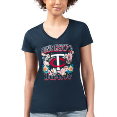 Minnesota Twins G-III 4Her by Carl Banks Women's Super-Slim Fit Lightweight Flowers Graphic V-Neck T-Shirt Navy