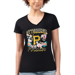Pittsburgh Pirates G-III 4Her by Carl Banks Women's Super-Slim Fit Lightweight Flowers Graphic V-Neck T-Shirt Black