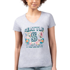Seattle Mariners G-III 4Her by Carl Banks Women's Super-Slim Fit Lightweight Flowers Graphic V-Neck T-Shirt Heather Gray