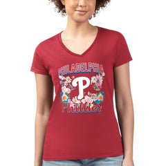 Philadelphia Phillies G-III 4Her by Carl Banks Women's Super-Slim Fit Lightweight Flowers Graphic V-Neck T-Shirt Red