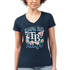 Tampa Bay Rays G-III 4Her by Carl Banks Women's Super-Slim Fit Lightweight Flowers Graphic V-Neck T-Shirt Navy