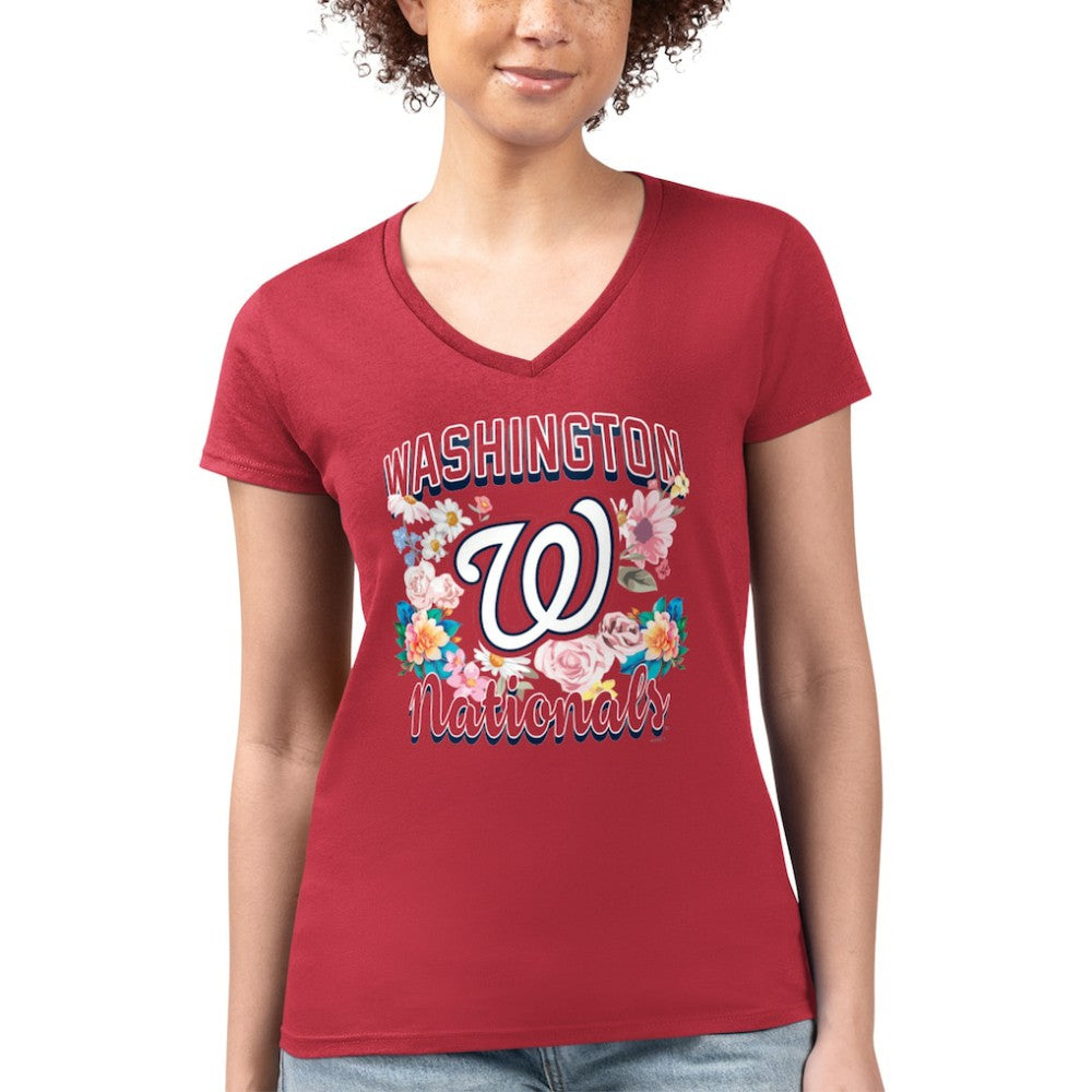 Washington Nationals G-III 4Her by Carl Banks Women's Super-Slim Fit Lightweight Flowers Graphic V-Neck T-Shirt Red