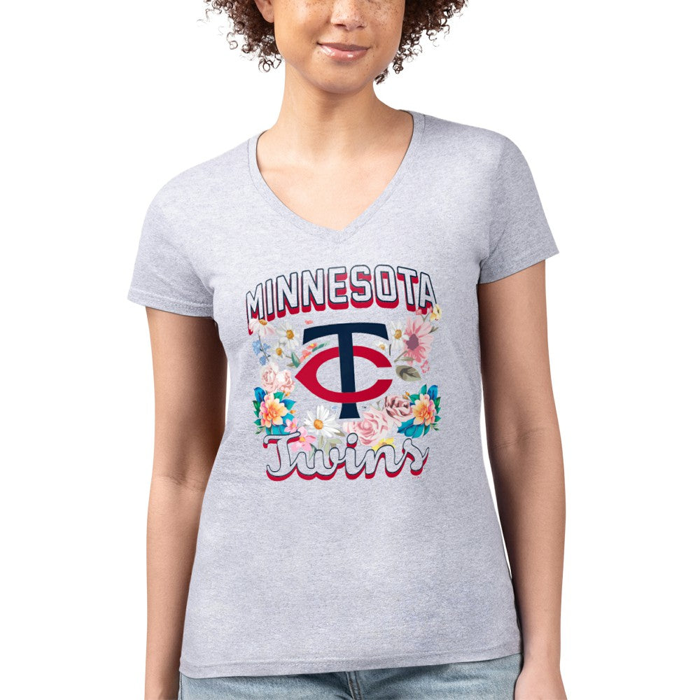 Minnesota Twins G-III 4Her by Carl Banks Women's Super-Slim Fit Lightweight Flowers Graphic V-Neck T-Shirt Heather Gray