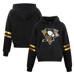 Pittsburgh Penguins Cuce Women's Sequin Cropped Pullover Hoodie - Black Hoodies