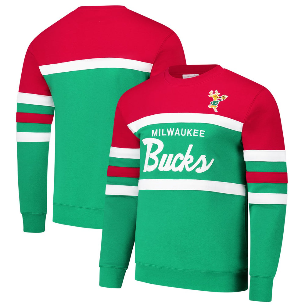Milwaukee Bucks Hardwood Classics Vintage Logo Head Coach Pullover Sweatshirt - Green/Red for sale