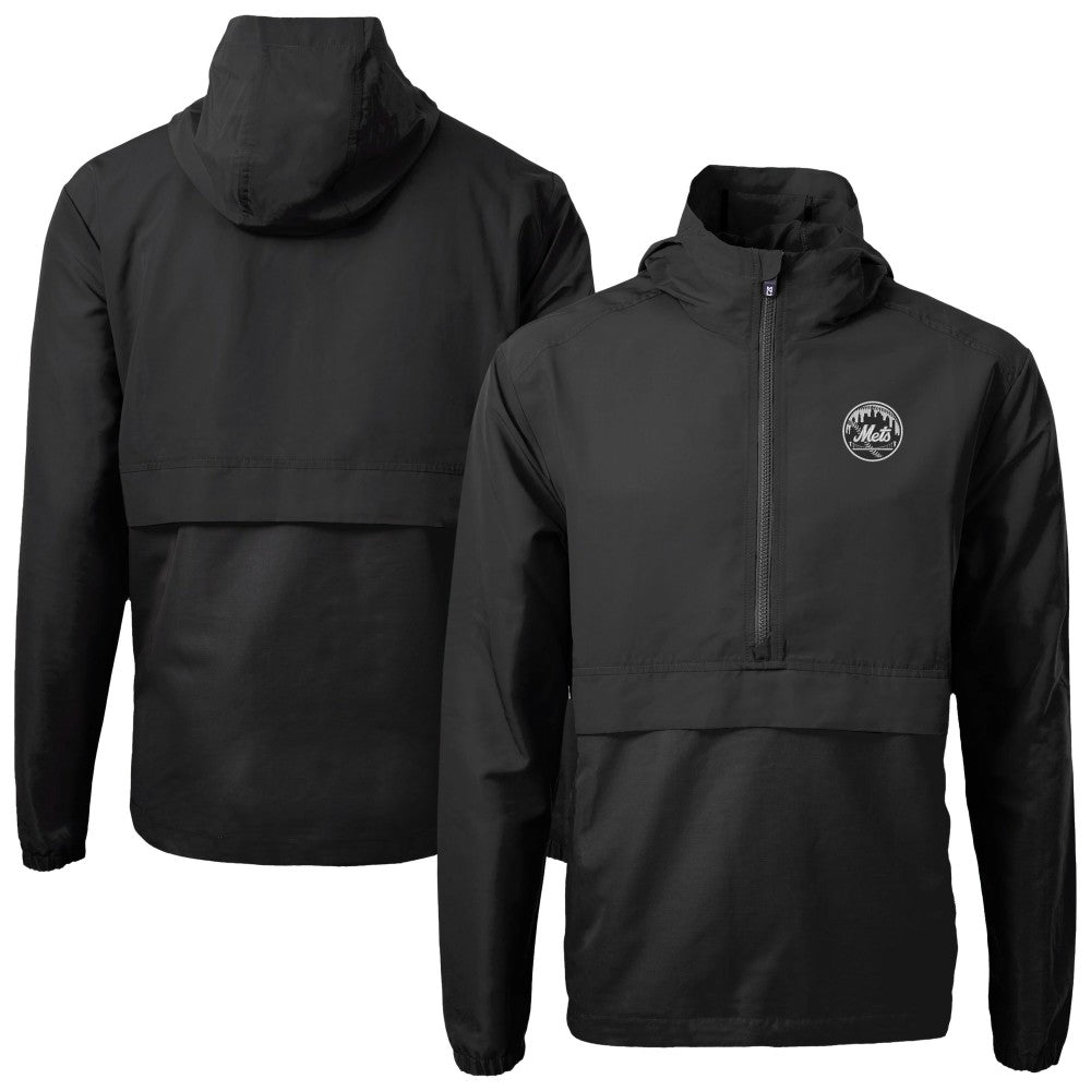 New York Mets Cutter & Buck Charter Eco Recycled Anorak Half-Zip Hoodie Jacket Black