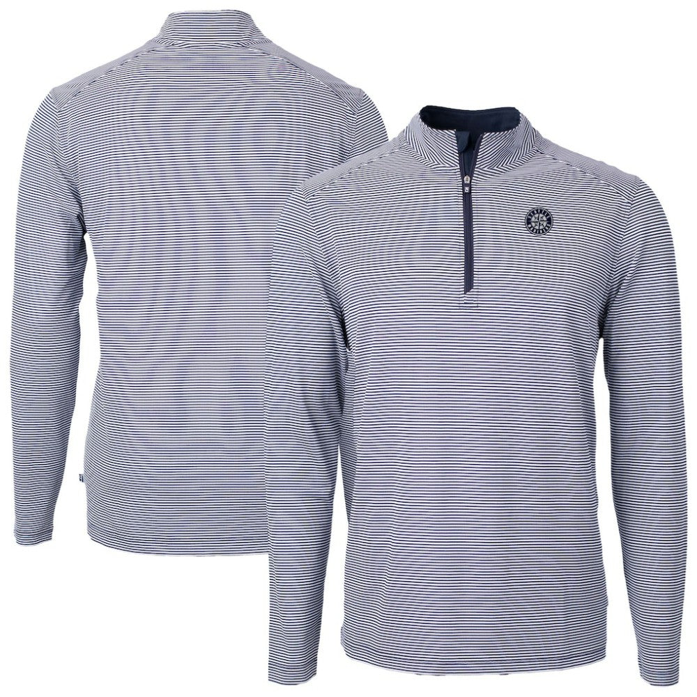 Seattle Mariners Cutter & Buck Virtue Eco Pique Micro Stripe Quarter-Zip Jacket Navy