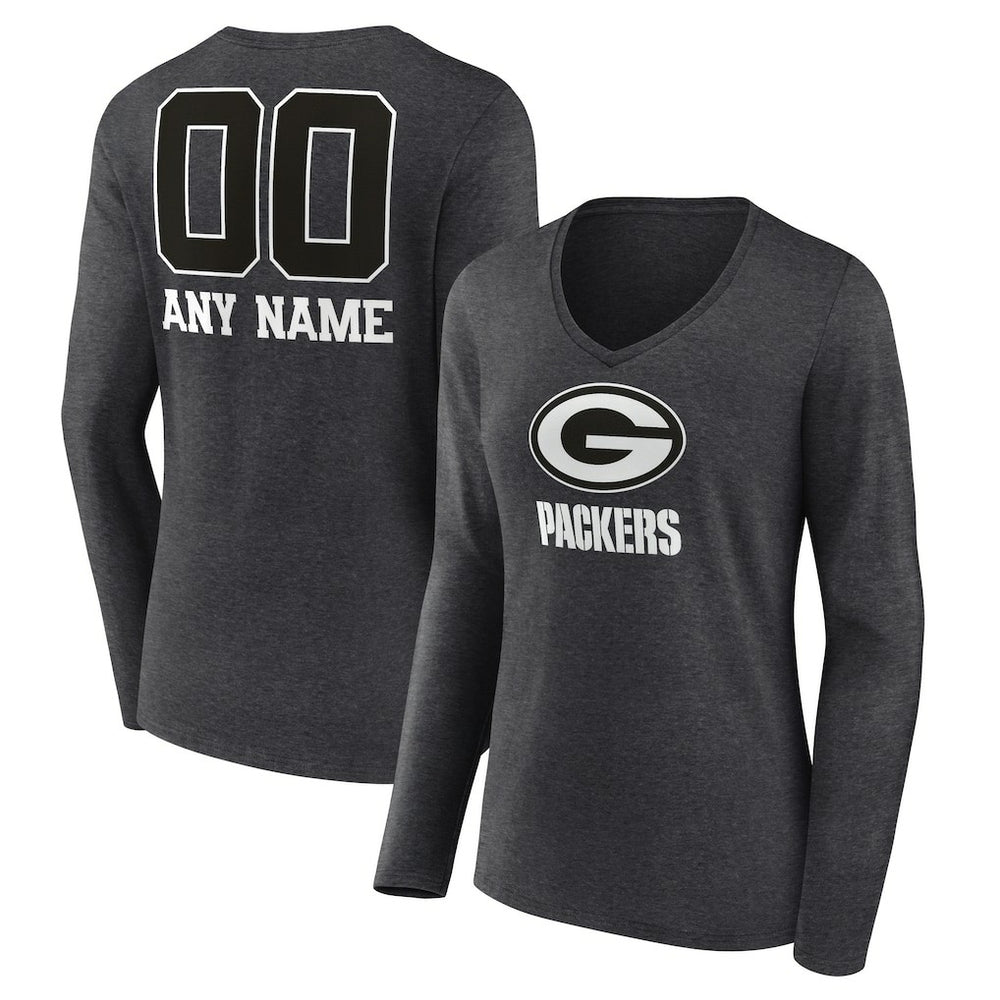 Green Bay Packers Women's Personalized Name & Number Monochrome V-neck T-Shirt - Charcoal for sale