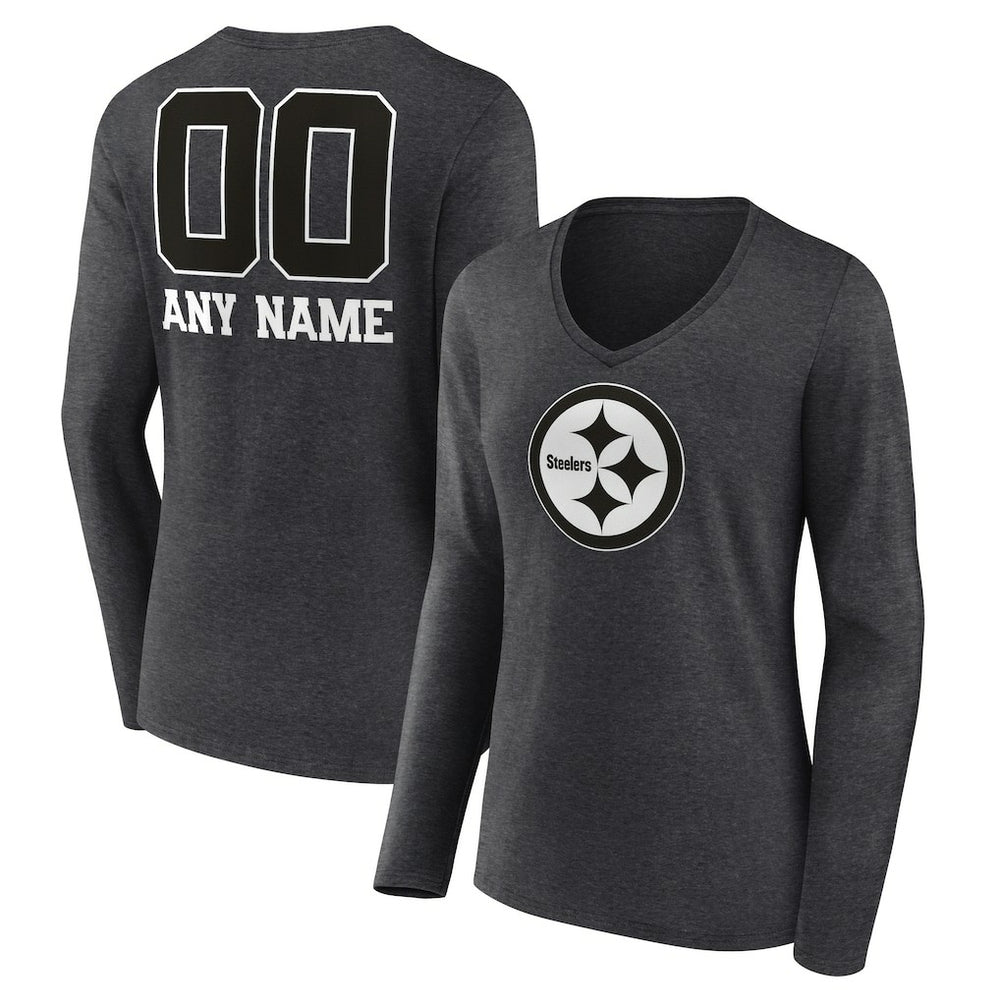 Pittsburgh Steelers Women's Personalized Name & Number Monochrome V-neck T-Shirt - Charcoal online