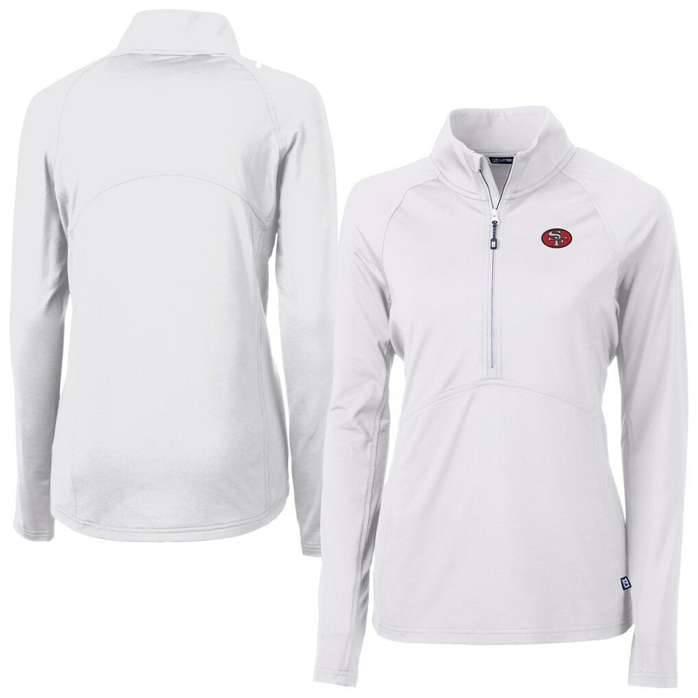 San Francisco 49ers Cutter & Buck Women's Adapt Eco Knit Stretch Recycled Raglan Half-Zip Top - White on sale