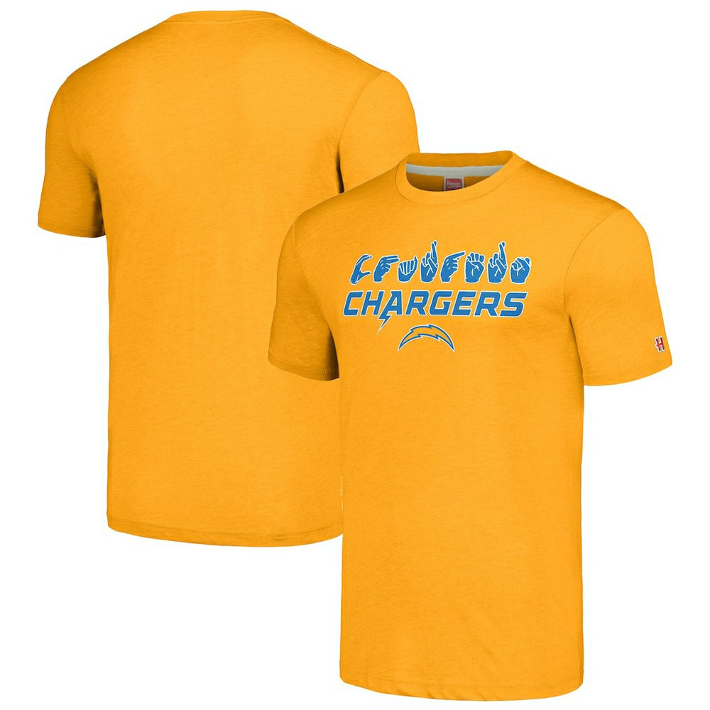 Los Angeles Chargers Homage Unisex The NFL ASL Collection by Love Sign American Sign Language T-Shirt - Gold cheap