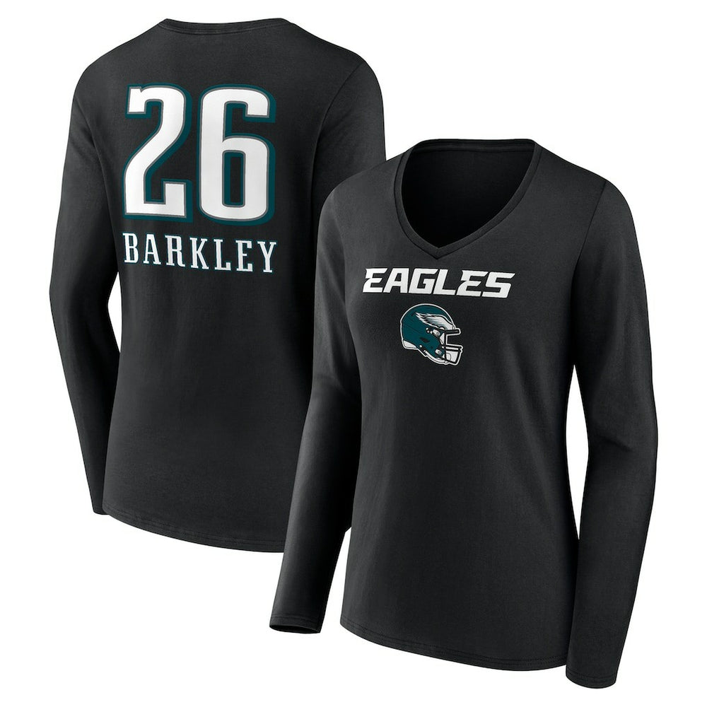 Saquon Barkley Philadelphia Eagles Women's Name & Number Team Wordmark Long Sleeve V-Neck T-Shirt - Black outlet