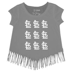 St. Louis Cardinals Tiny Turnip Girls Youth Logo Grid Fringe T-Shirt Gray