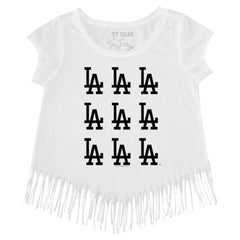 Los Angeles Dodgers Tiny Turnip Girls Youth Logo Grid Fringe T-Shirt White
