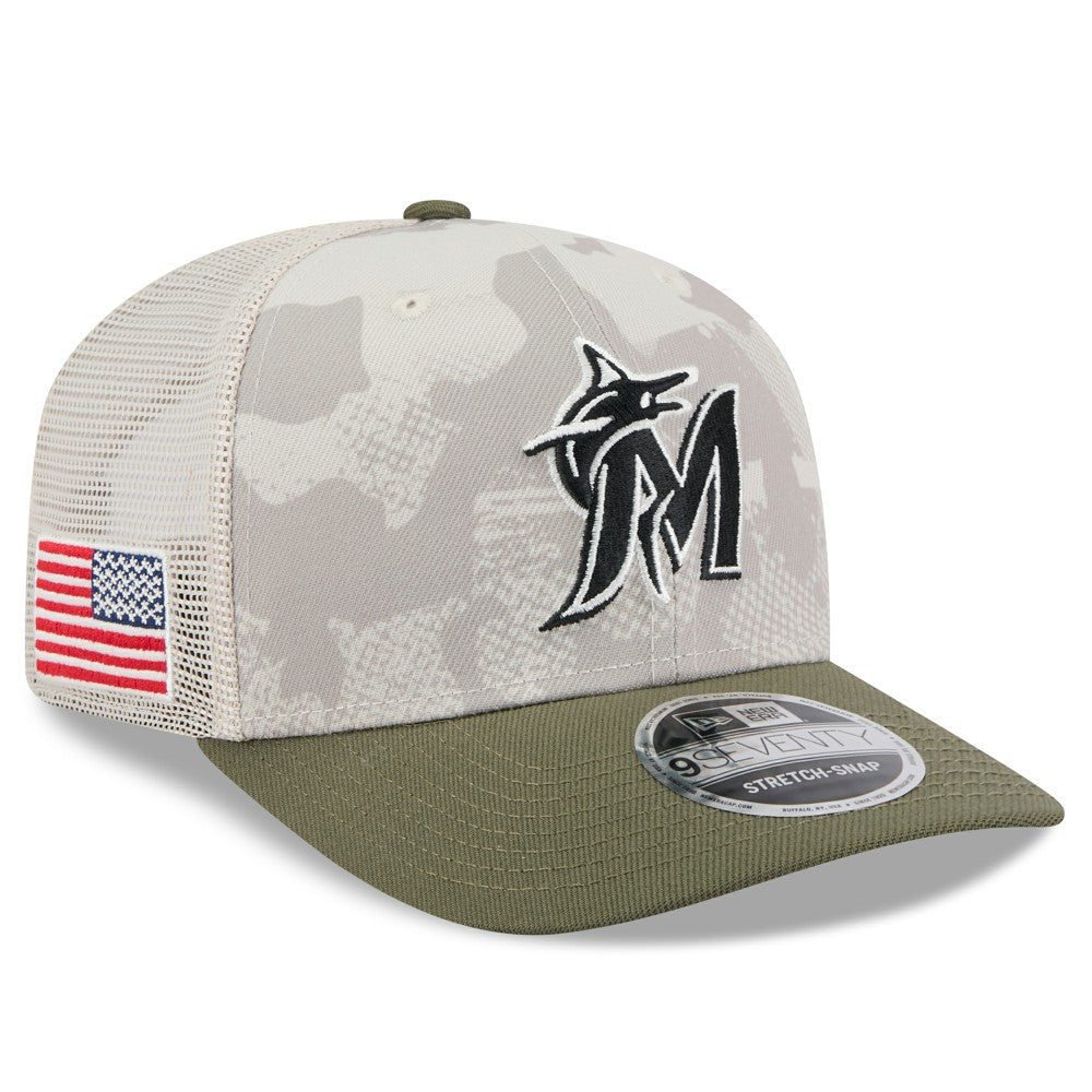 Miami Marlins 2025 Armed Forces Day 9SEVENTY Stretch-Snap Hat Light Beige/Olive