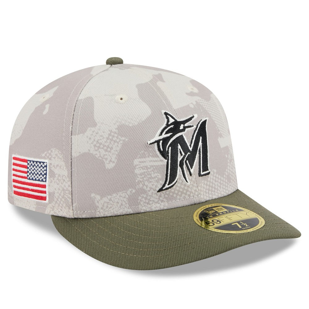 Miami Marlins 2025 Armed Forces Day Low Profile 59FIFTY Fitted Hat Light Beige/Olive