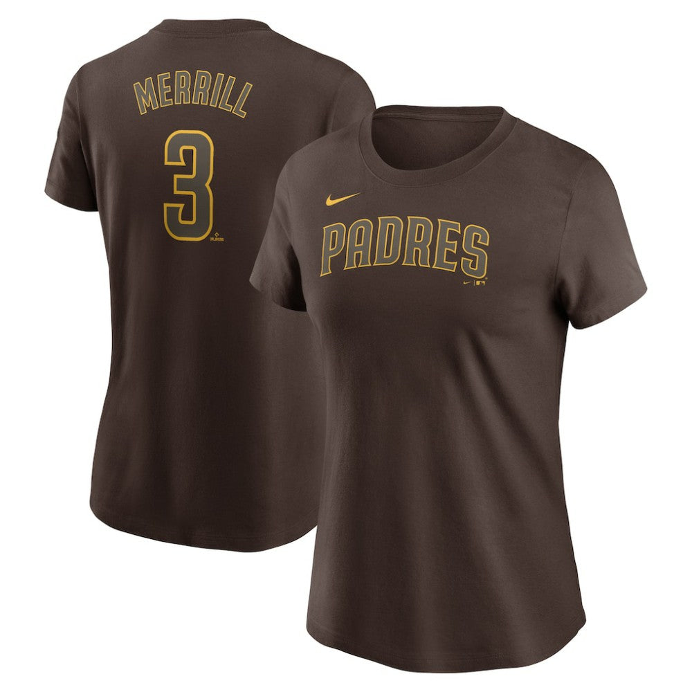 Jackson Merrill San Diego Padres Women's Cooperstown Collection Fuse Name & Number T-Shirt Brown