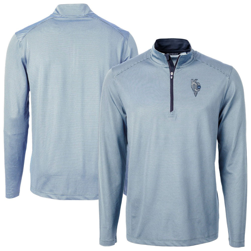 Kansas City Royals Cutter & Buck Virtue Eco Pique Micro Stripe Recycled Quarter-Zip Pullover Top Light Blue