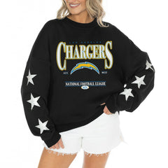 Los Angeles Chargers Gameday Couture Women's Rhinestone Star Sleeve Settle the Score Oversized Tri-Blend Pullover - Black outlet