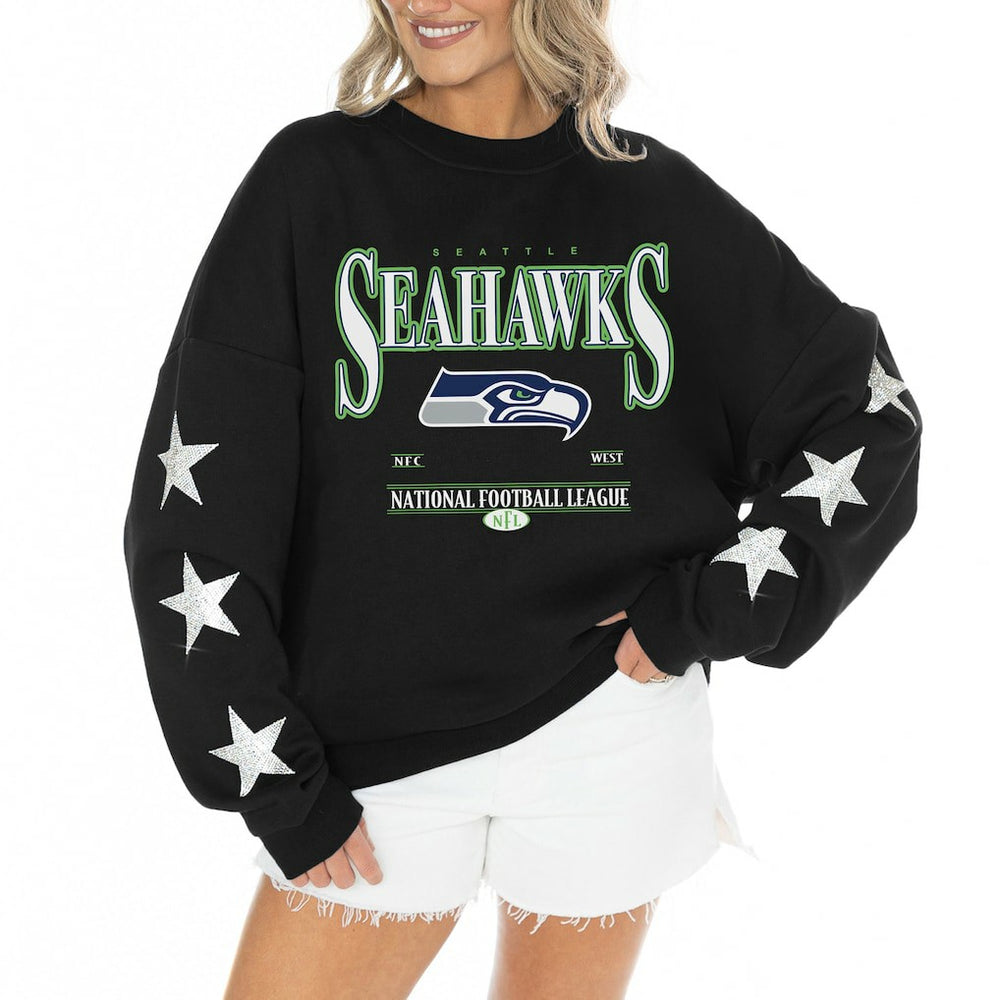 Seattle Seahawks Gameday Couture Women's Rhinestone Star Sleeve Settle the Score Oversized Tri-Blend Pullover - Black outlet