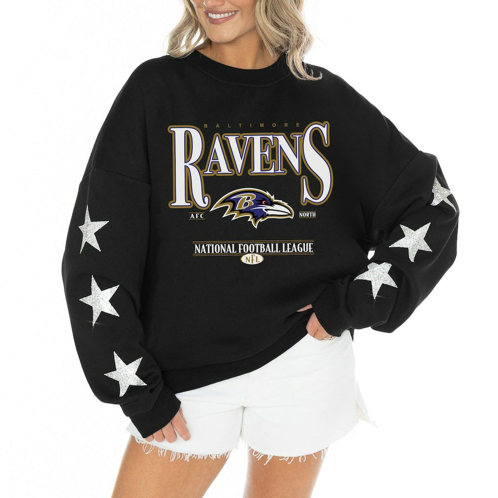 Baltimore Ravens Gameday Couture Women's Rhinestone Star Sleeve Settle the Score Oversized Tri-Blend Pullover - Black sale