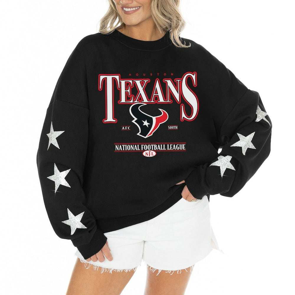 Houston Texans Gameday Couture Women's Rhinestone Star Sleeve Settle the Score Oversized Tri-Blend Pullover - Black discount