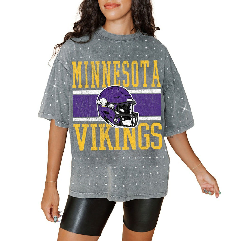 Minnesota Vikings Gameday Couture Women's Oversized Mini Rhinestone Classic T-Shirt - Gray for sale