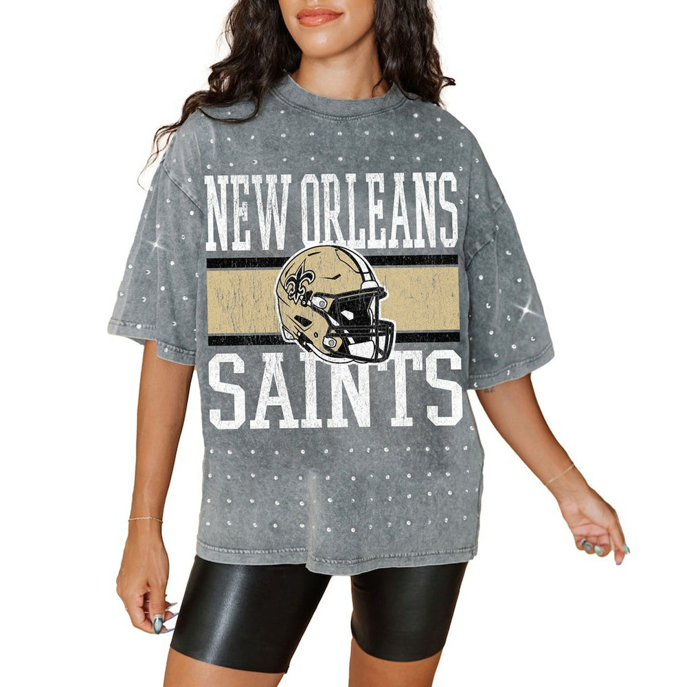 New Orleans Saints Gameday Couture Women's Oversized Mini Rhinestone Classic T-Shirt - Gray outlet