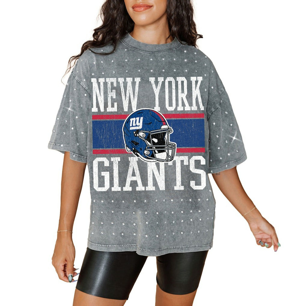 New York Giants Gameday Couture Women's Oversized Mini Rhinestone Classic T-Shirt - Gray for sale