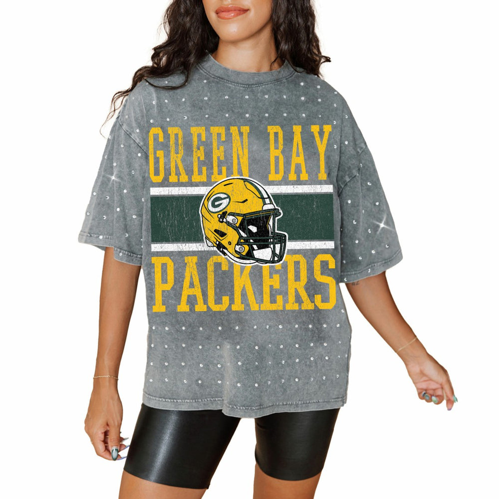 Green Bay Packers Gameday Couture Women's Oversized Mini Rhinestone Classic T-Shirt - Gray cheap